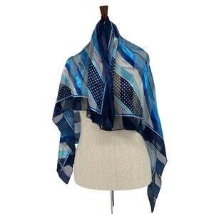 Vintage Jovani Scarf Wrap 40 x 40 Square Blue Satin Stripe Geometric 80s Luxury